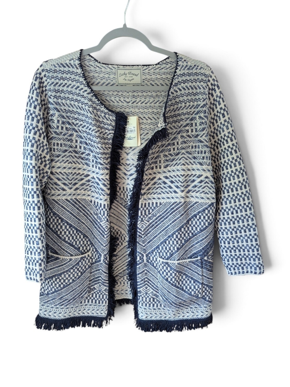 Lucky Brand Blue & White Geometric Fringe Cardigan Jacket NWT XL